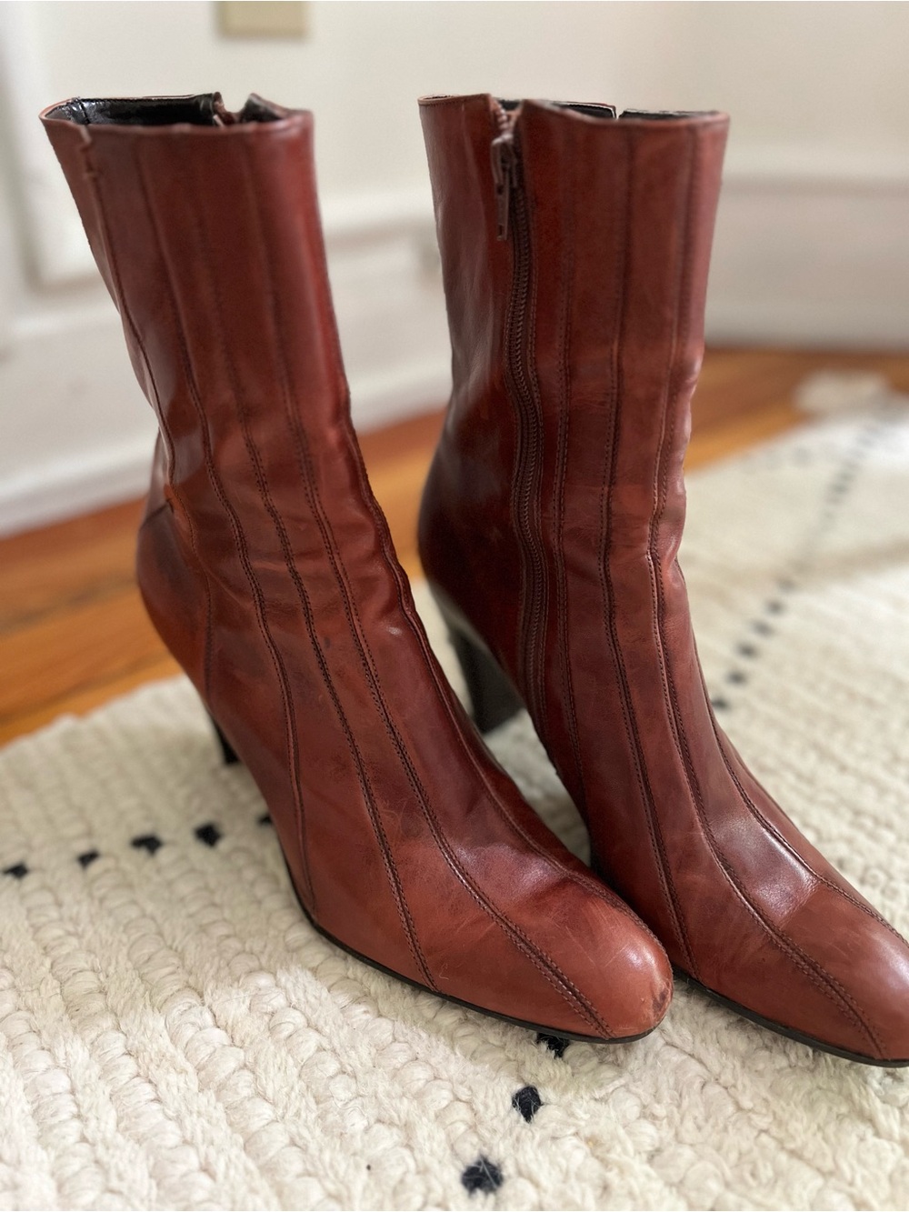 ANTONIO MELANI Chestnut Brown Leather Mid-Calf Zip Heeled Boots